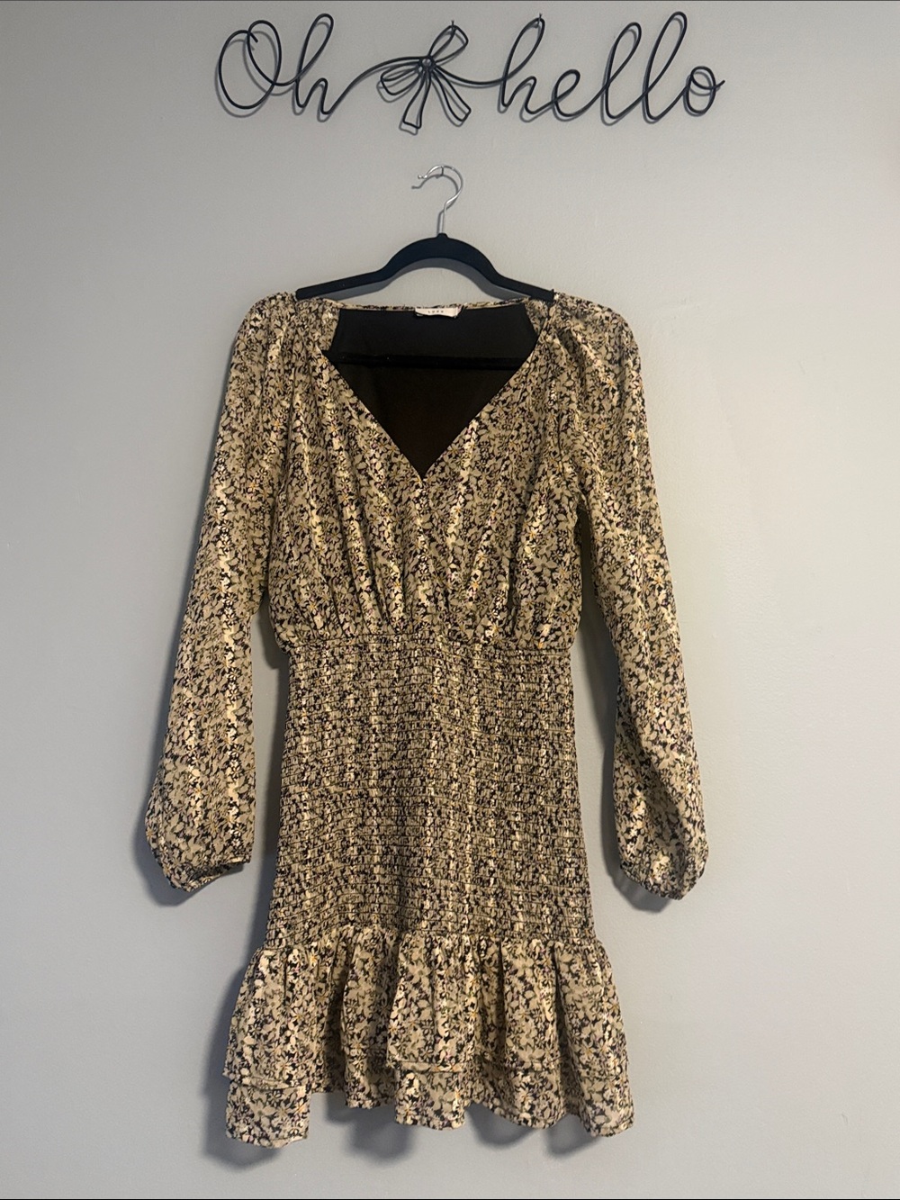 Lush Cream and Black Floral Smocked Long-Sleeve Mini Dress